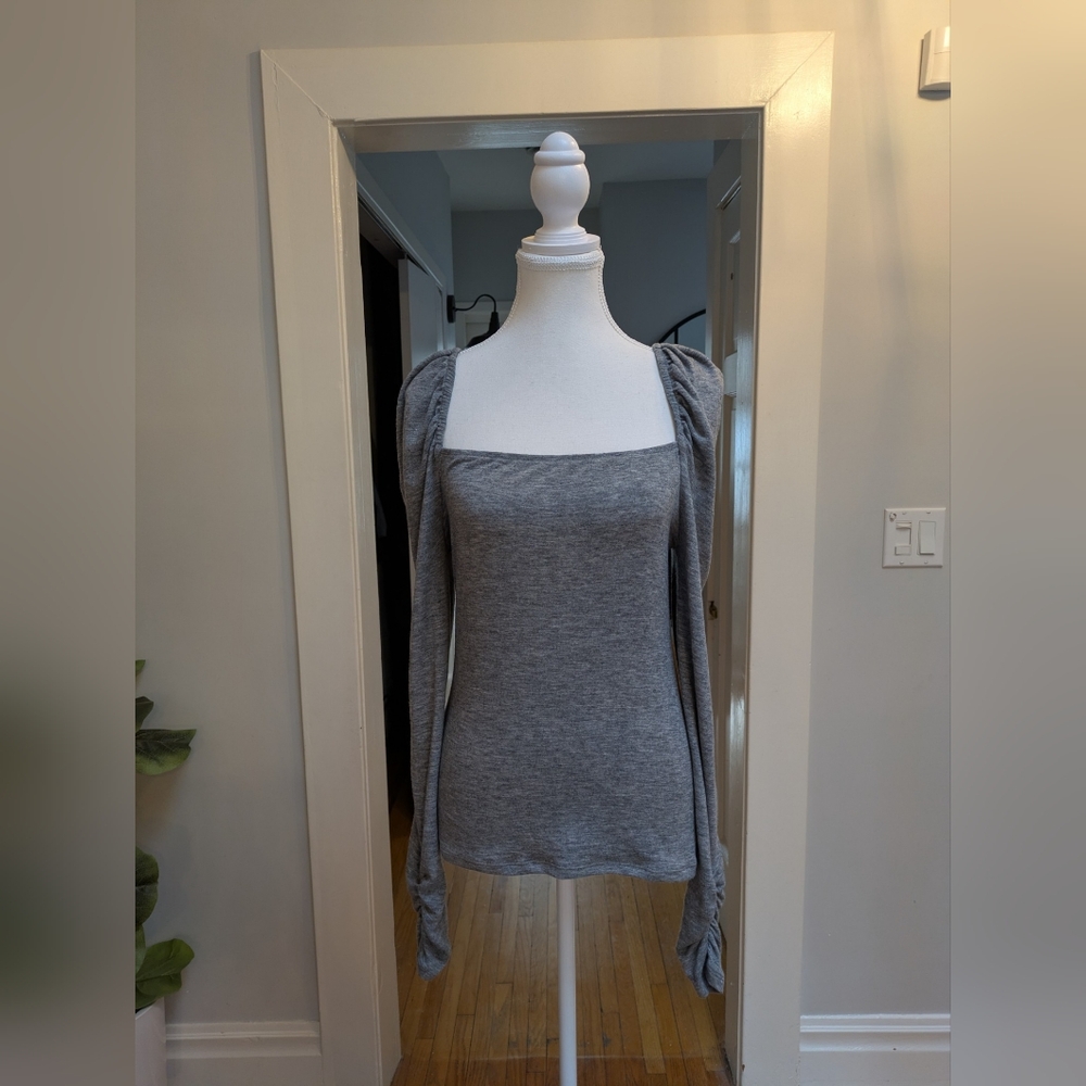 Something Navy grey puff sleeve top, size M